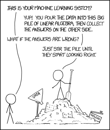 xkcd comic 1838. One stick figure asks 'This is your machine learning system?' The other replies 'Yup! You pour the data into this big pile of linear algebra, then collect the answers on the other side.' 'What if the answers are wrong?' 'Just stir the pile until they start looking right.'